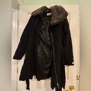 Calvin Klein Black Trench Coat with Faux Fur Collar